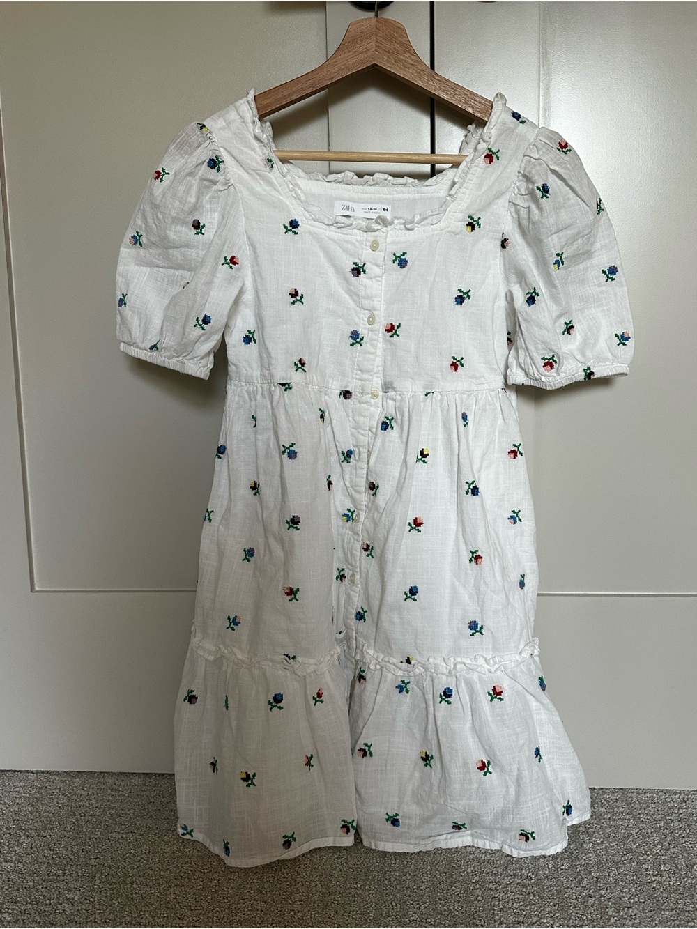 Zara White Cotton Floral-Embroidered Puff Sleeve Dress